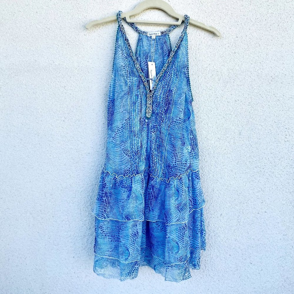 Poupette St Barth BETY Blue Wave 100% Silk Crinkle Print Dress